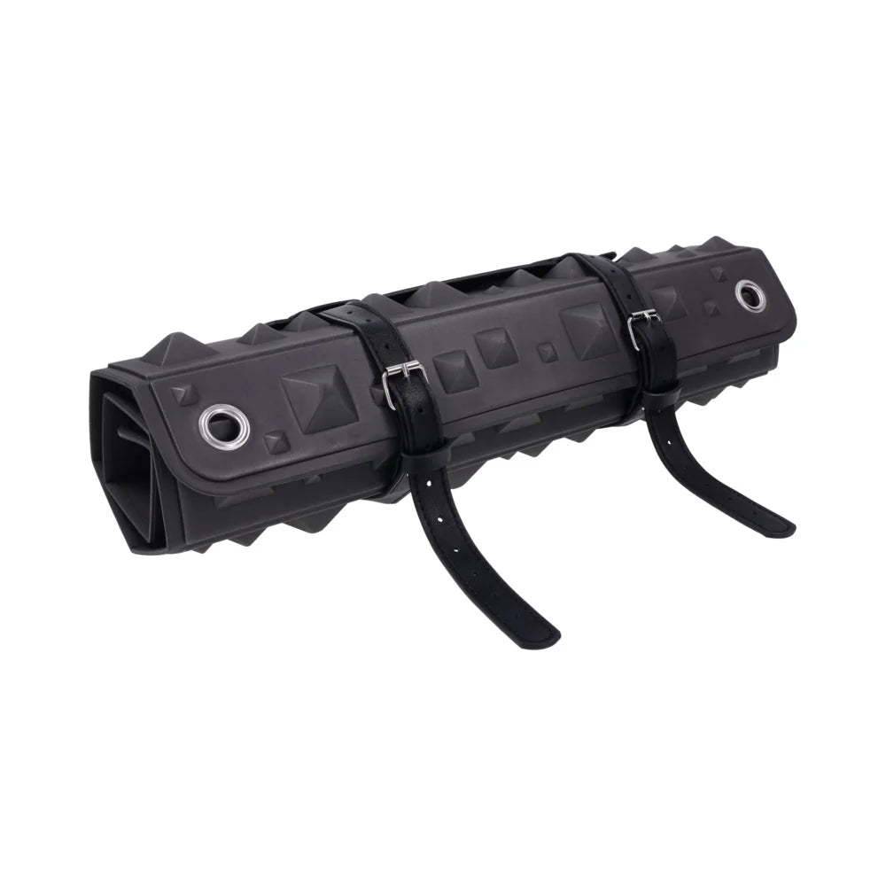 Black foam mat covered in pyramid spikes, shown rolled into its buckled faux leather holster