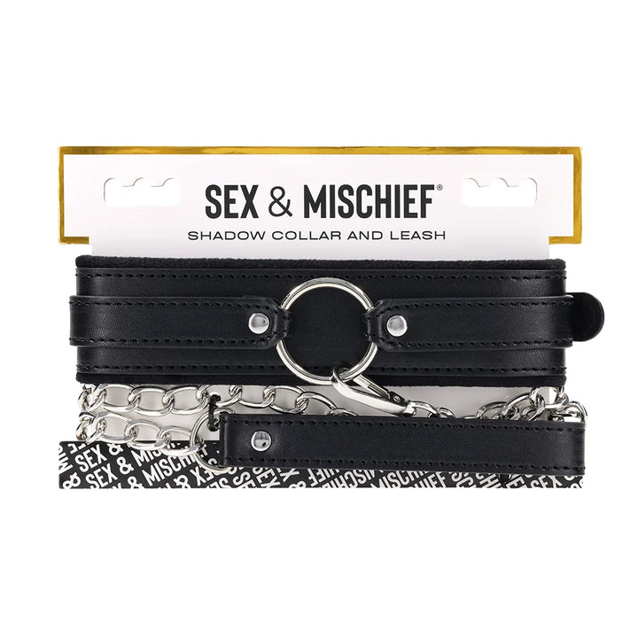 Black faux leather collar with silver hardware and a detachable silver chain leash