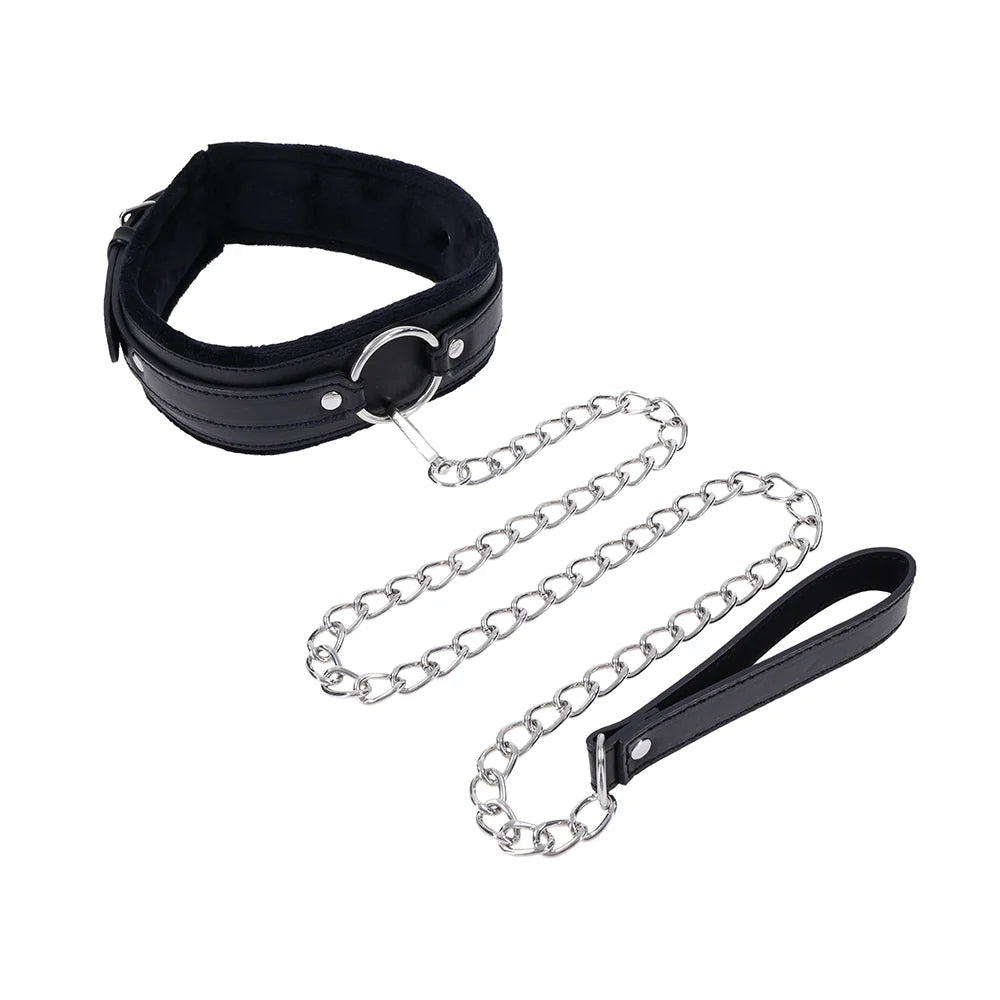 Black faux leather collar with silver hardware and a detachable silver chain leash