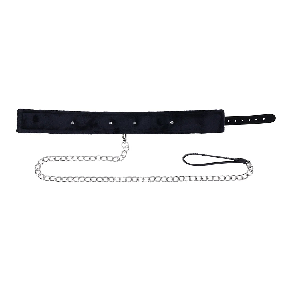 Black faux leather collar with silver hardware and a detachable silver chain leash