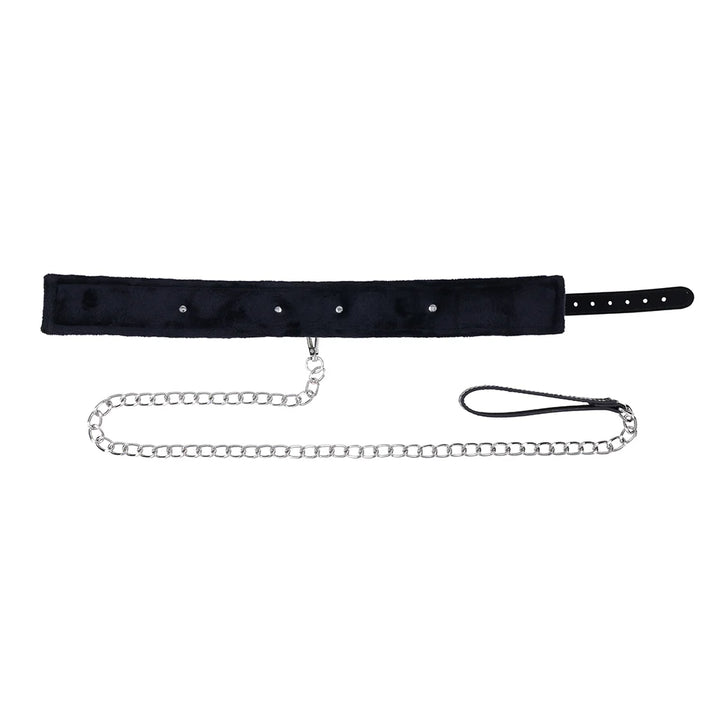 Black faux leather collar with silver hardware and a detachable silver chain leash