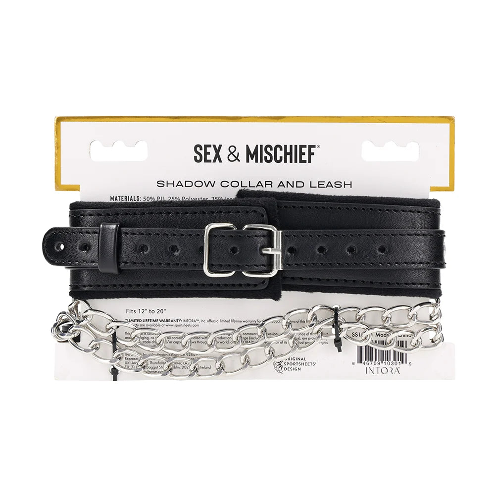 Black faux leather collar with silver hardware and a detachable silver chain leash