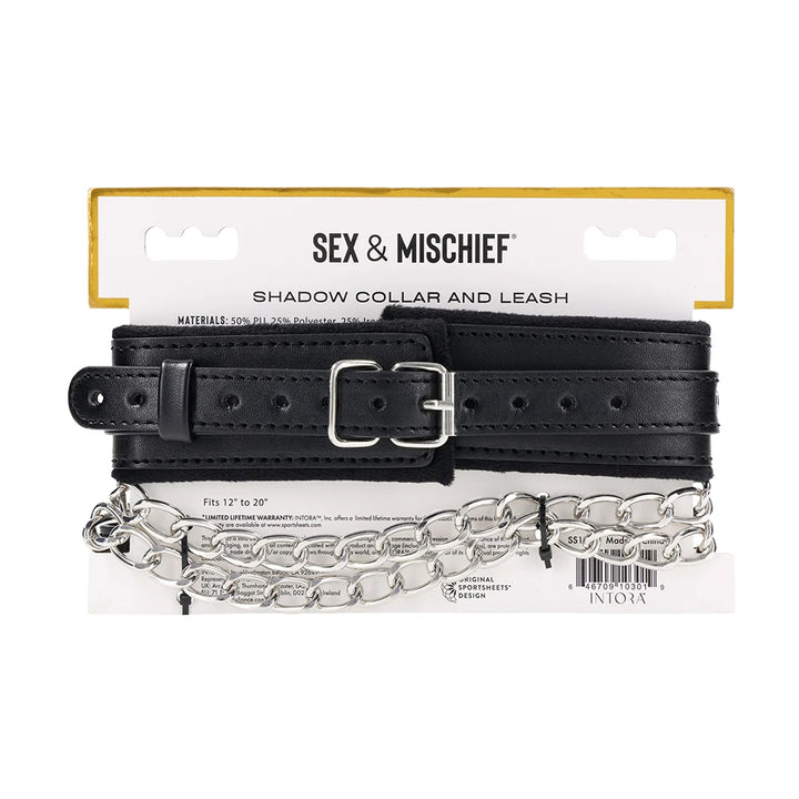 Black faux leather collar with silver hardware and a detachable silver chain leash