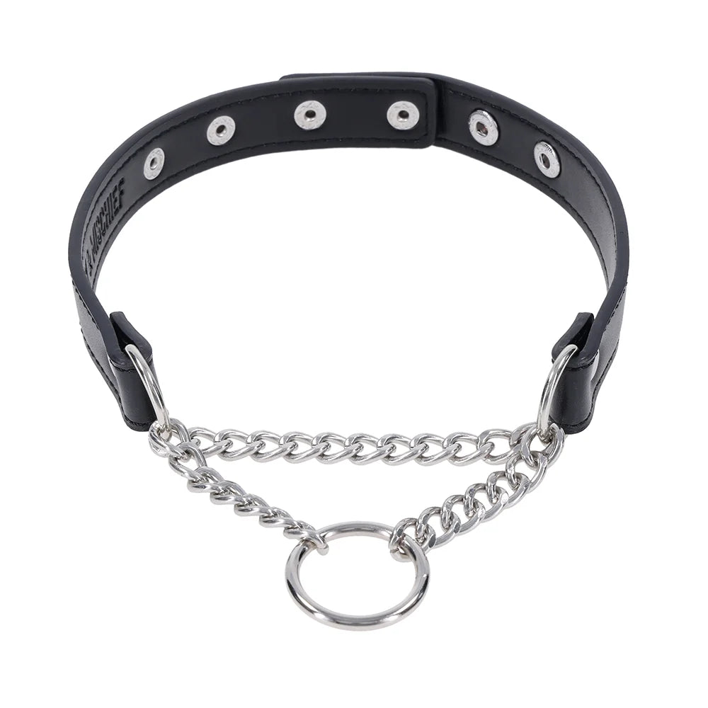 Black faux leather day collar with a silver chain drape and O-ring centerpiece