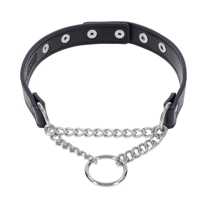 Black faux leather day collar with a silver chain drape and O-ring centerpiece