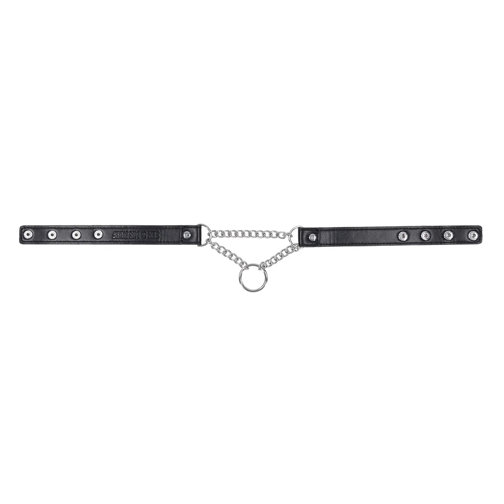 Black faux leather day collar with a silver chain drape and O-ring centerpiece