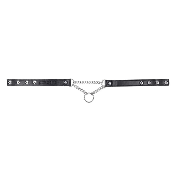 Black faux leather day collar with a silver chain drape and O-ring centerpiece