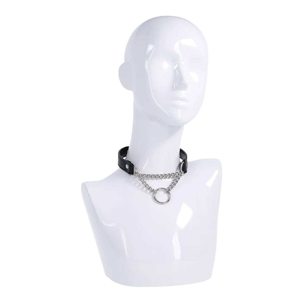 Black faux leather day collar with a silver chain drape and O-ring centerpiece