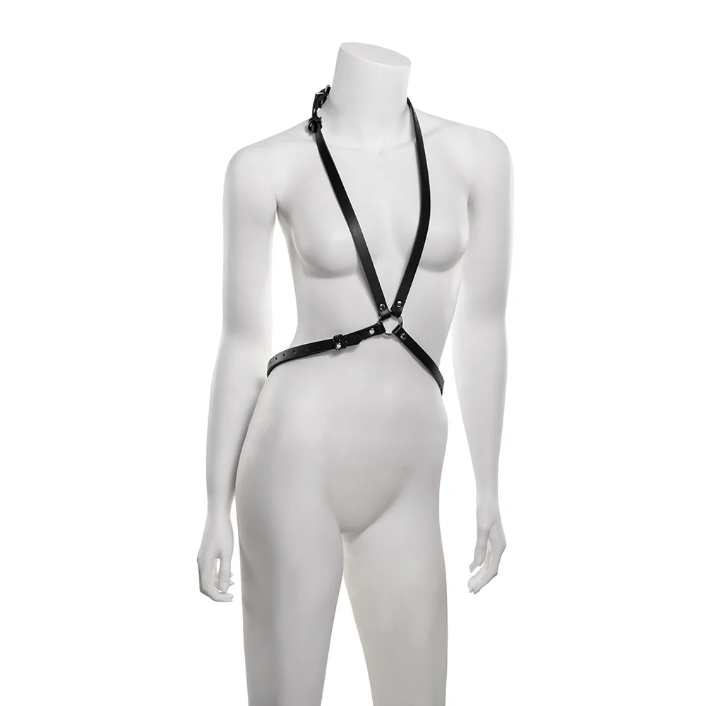 Black faux leather body harness with velvet lining, silver buckles, and a central silver O-ring