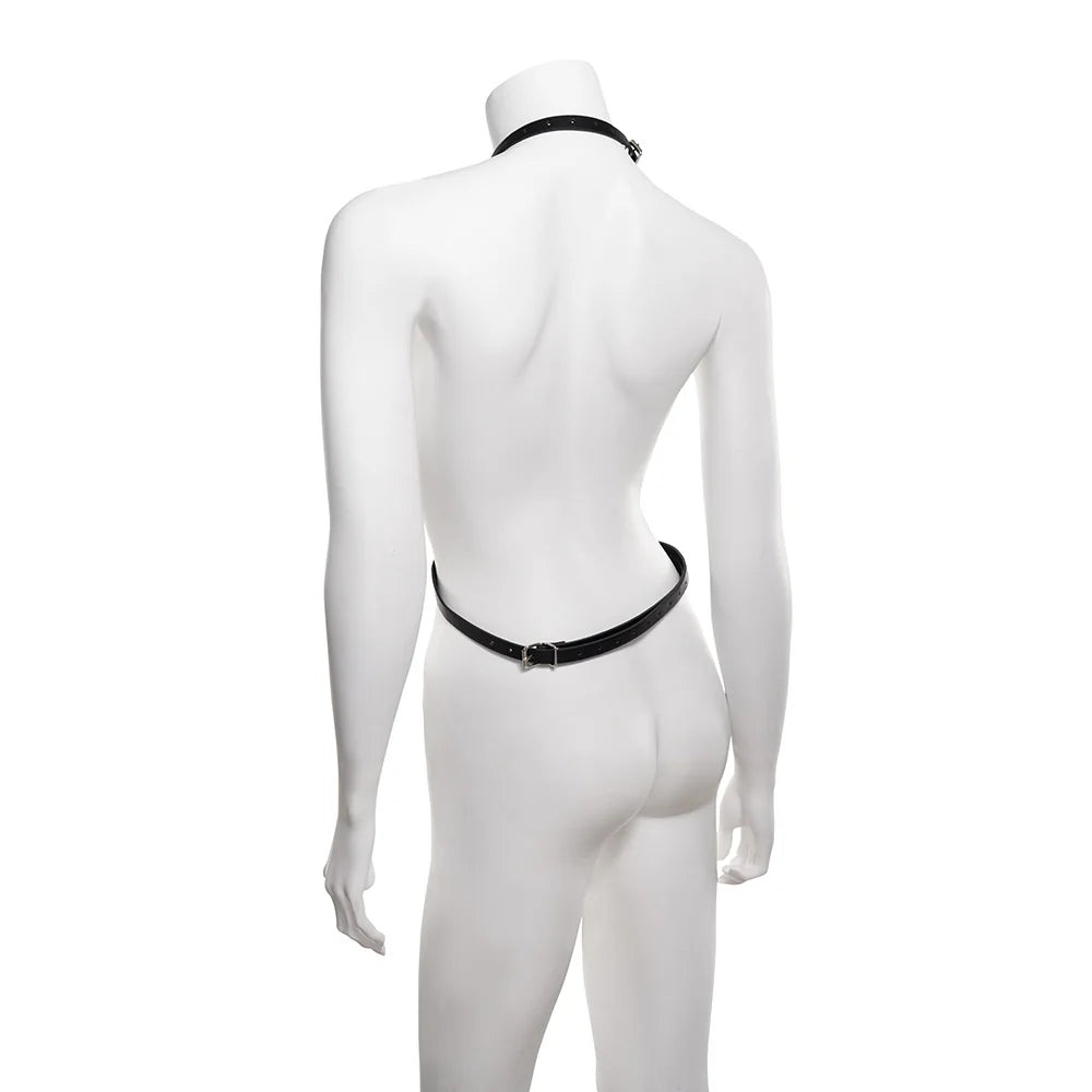 Black faux leather body harness with velvet lining, silver buckles, and a central silver O-ring