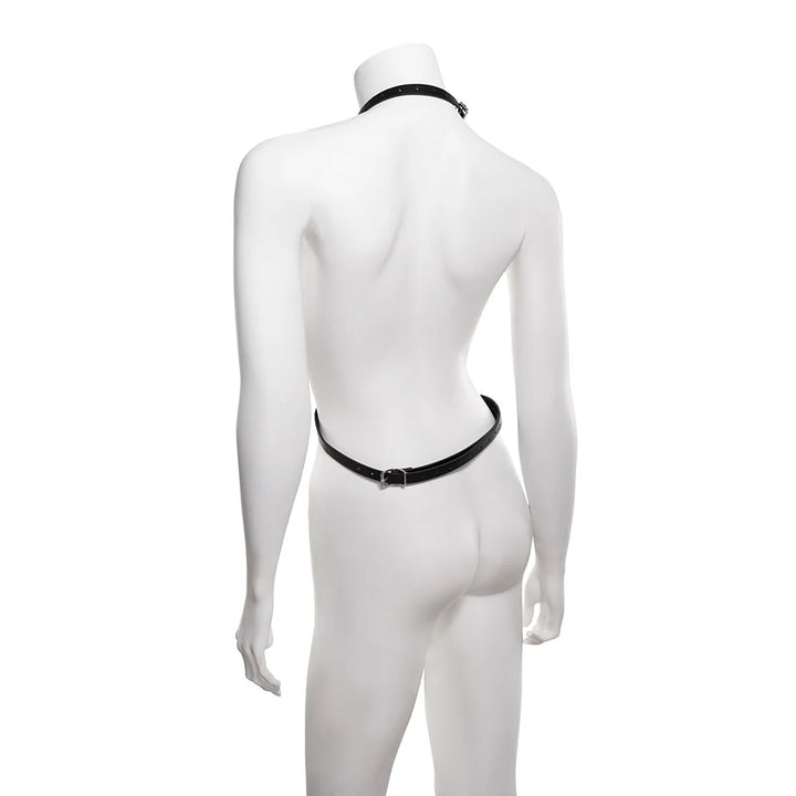 Black faux leather body harness with velvet lining, silver buckles, and a central silver O-ring