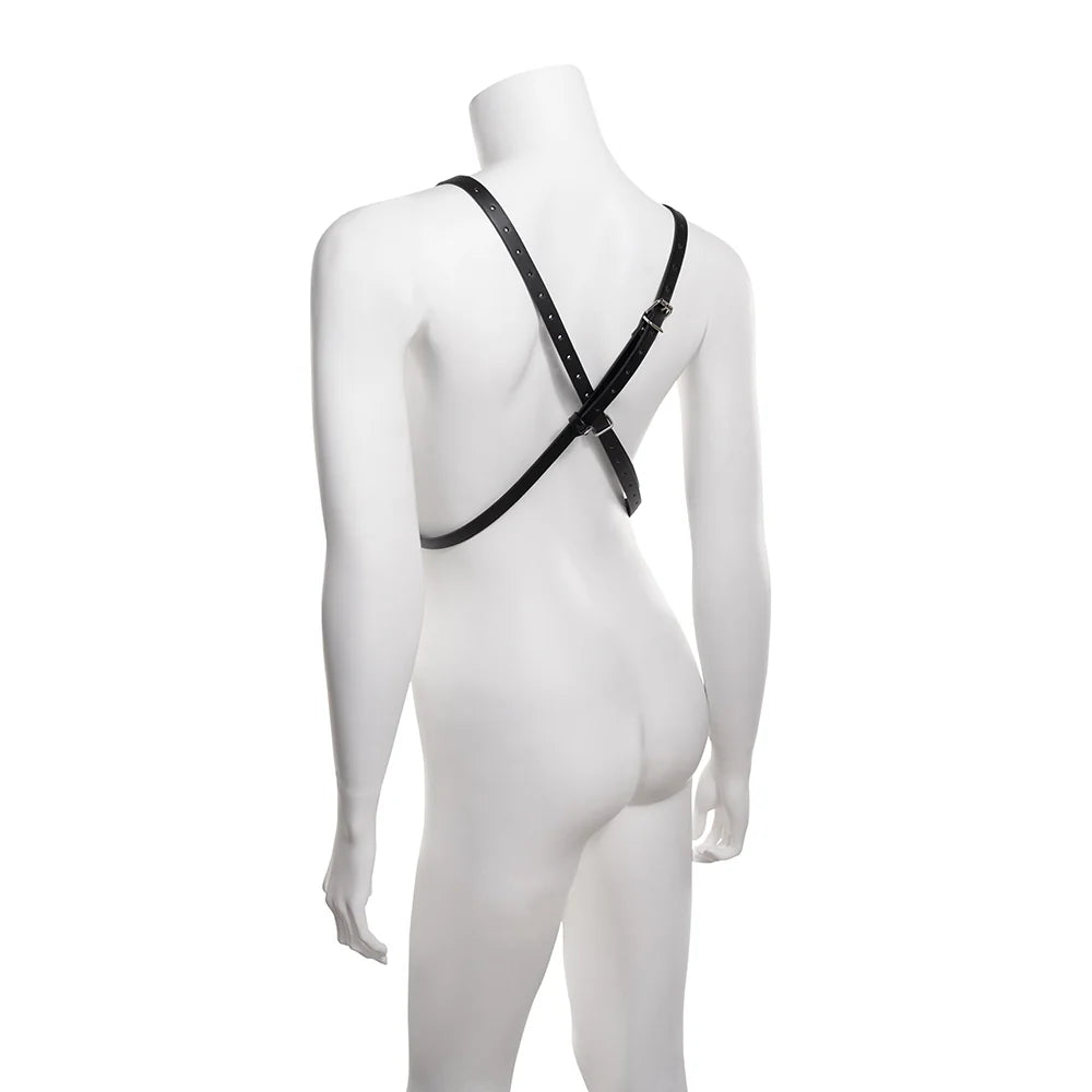 Black faux leather body harness with velvet lining, silver buckles, and a central silver O-ring