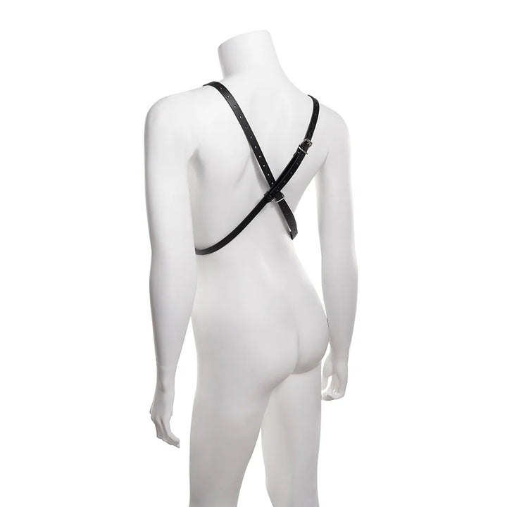 Black faux leather body harness with velvet lining, silver buckles, and a central silver O-ring