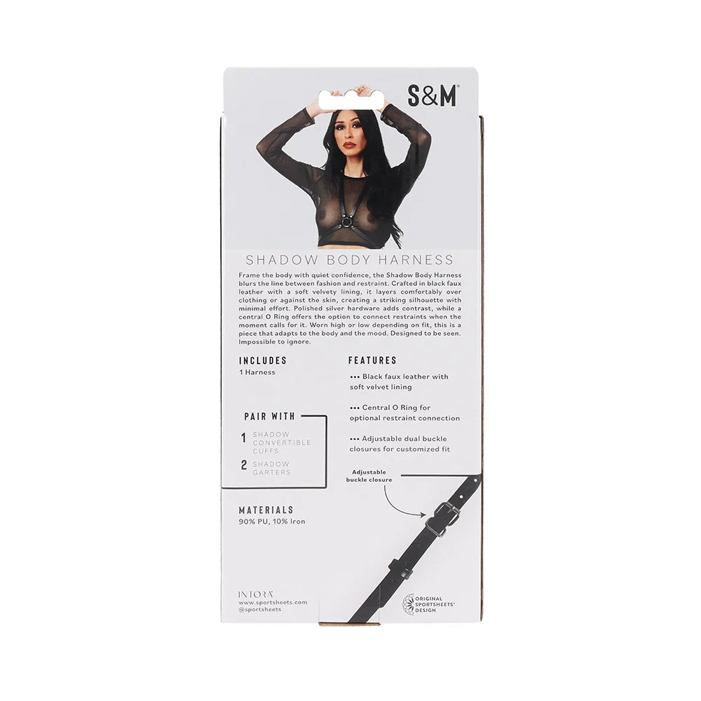 Black faux leather body harness with velvet lining, silver buckles, and a central silver O-ring