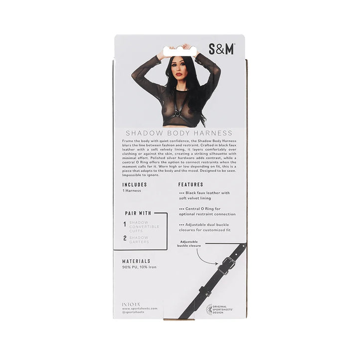 Black faux leather body harness with velvet lining, silver buckles, and a central silver O-ring