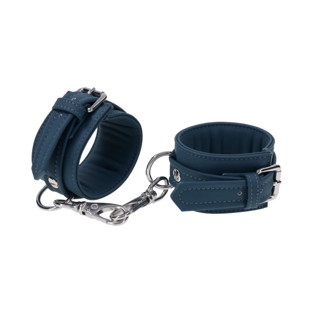 Twilight Tease: Deep teal cashmere-touch silicone wrist cuffs with silver buckles and gate clips joined by a short chain