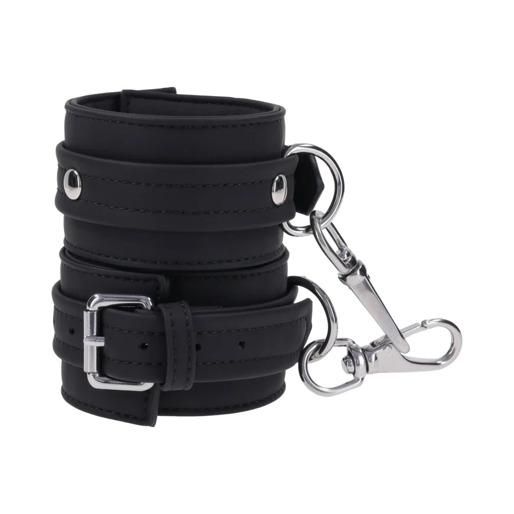 Midnight Muse: Tall black silicone ankle cuffs with silver buckles, D-rings, and gate clips