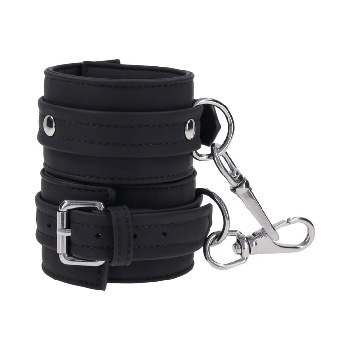 Midnight Muse: Tall black silicone ankle cuffs with silver buckles, D-rings, and gate clips