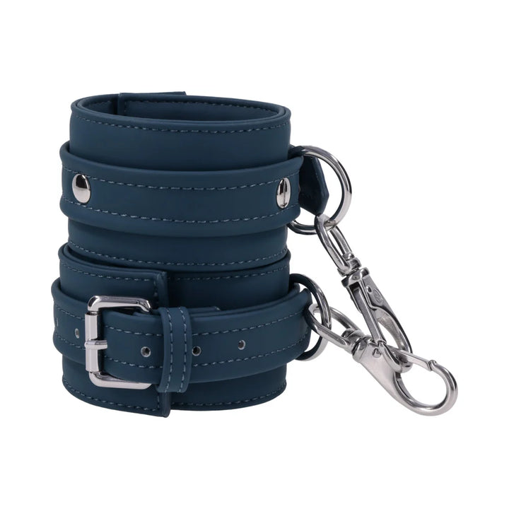 Twilight Tease: Tall deep teal silicone ankle cuffs with silver buckles, D-rings, and gate clips