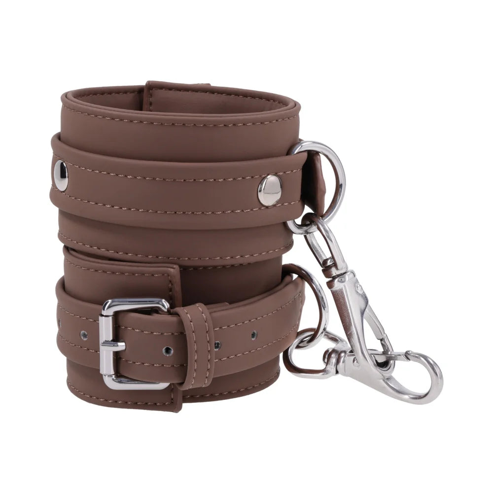 Dawn Dream: Tall mocha brown silicone ankle cuffs with silver buckles, D-rings, and gate clips