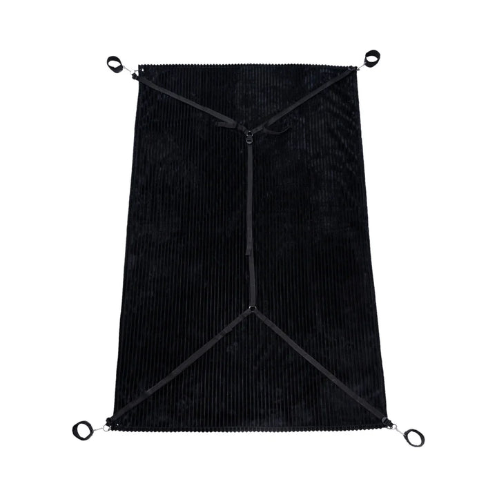 Black plush ribbed waterproof blanket with silver grommets and carabiners at the corners