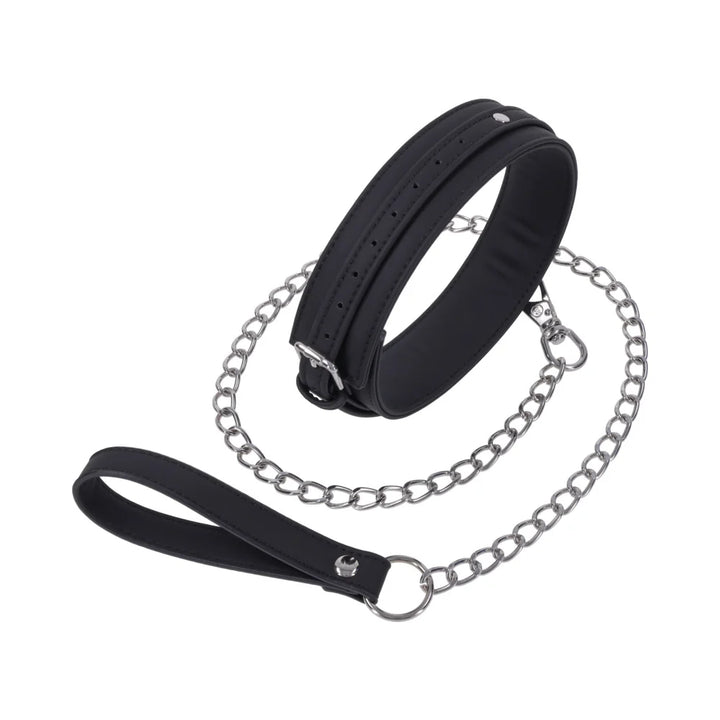 Black silicone collar with a silver buckle and a silver chain leash ending in a silicone wrist loop