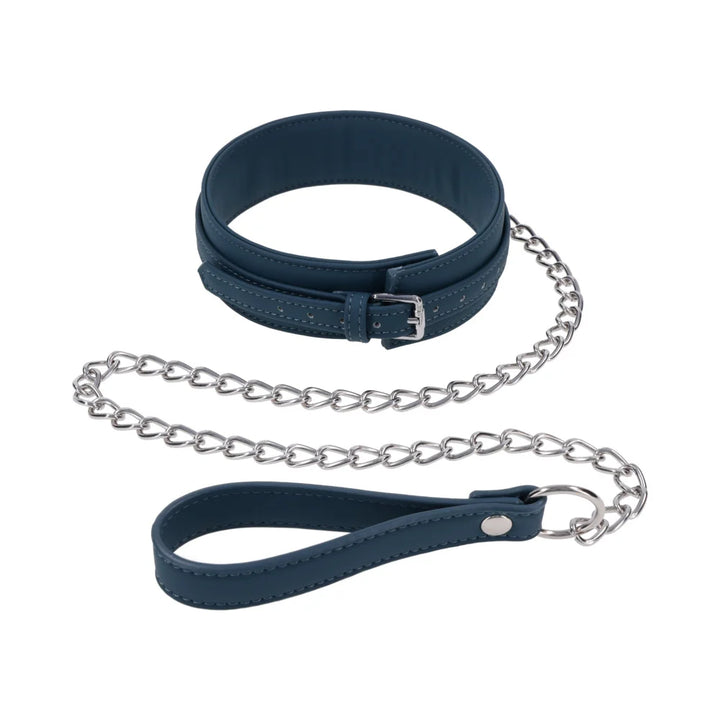 Deep teal silicone collar with a silver buckle and a silver chain leash ending in a silicone wrist loop