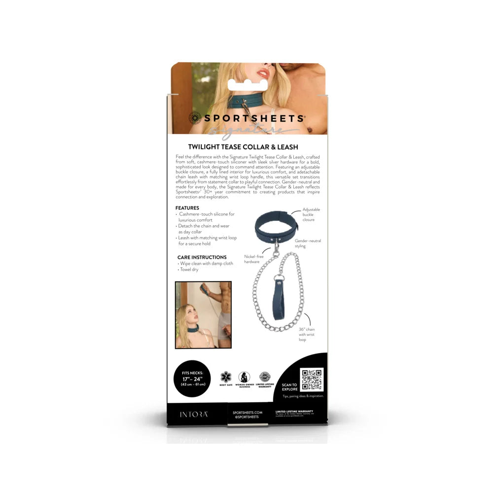 The back of the retail packaging for the Sportsheets Twilight Tease Collar &amp; Leash, featuring product details, care instructions, and a diagram of the collar and leash.