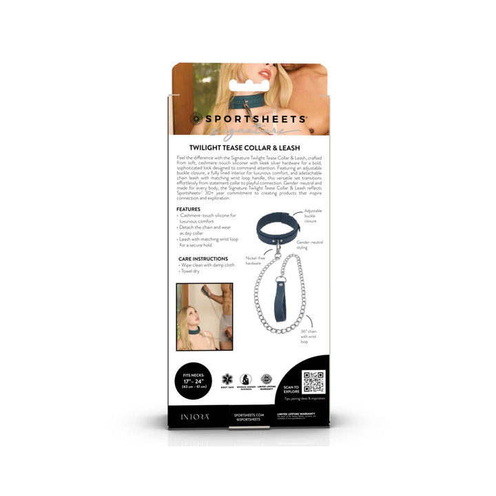 The back of the retail packaging for the Sportsheets Twilight Tease Collar &amp; Leash, featuring product details, care instructions, and a diagram of the collar and leash.