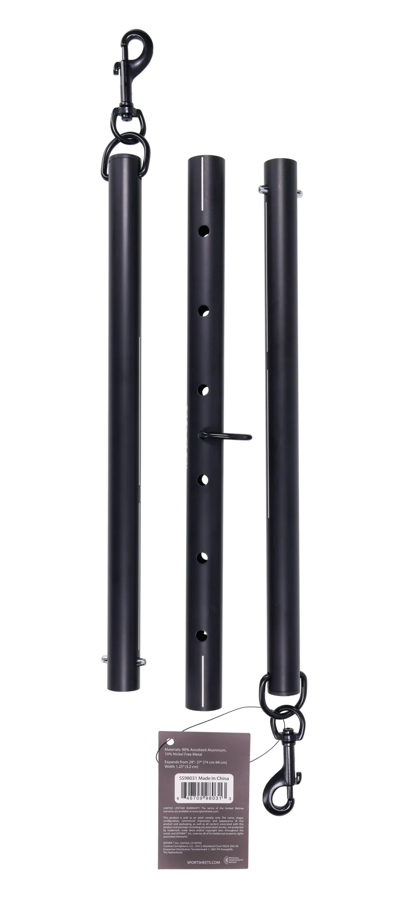 Black anodized aluminum spreader bar with clips at each end and in the middle