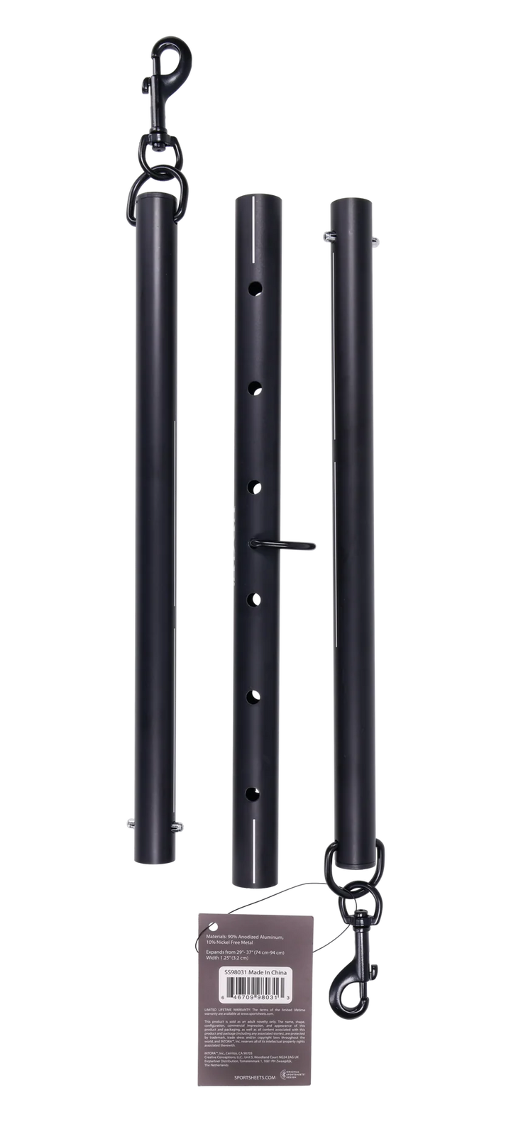 Black anodized aluminum spreader bar with clips at each end and in the middle