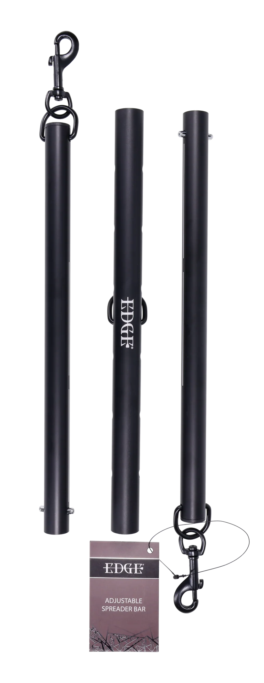 Black anodized aluminum spreader bar with clips at each end and in the middle