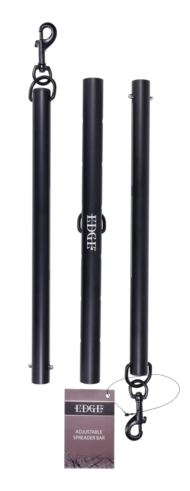 Black anodized aluminum spreader bar with clips at each end and in the middle