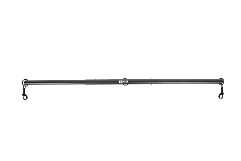 Black anodized aluminum spreader bar with clips at each end and in the middle