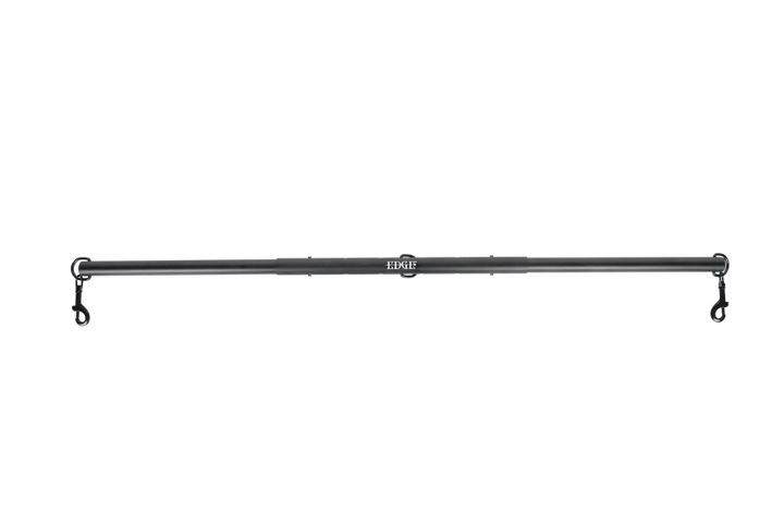 Black anodized aluminum spreader bar with clips at each end and in the middle