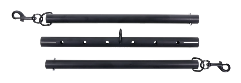 Black anodized aluminum spreader bar with clips at each end and in the middle