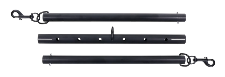 Black anodized aluminum spreader bar with clips at each end and in the middle