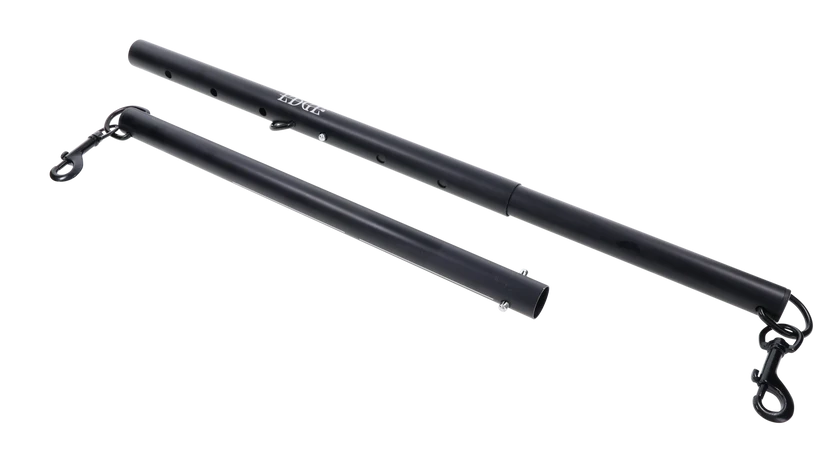 Black anodized aluminum spreader bar with clips at each end and in the middle