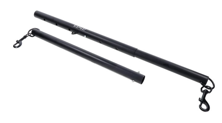 Black anodized aluminum spreader bar with clips at each end and in the middle