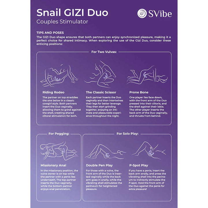 Instructional guide for Snail GIZI Duo Couples Stimulator by SVibe on a purple background.