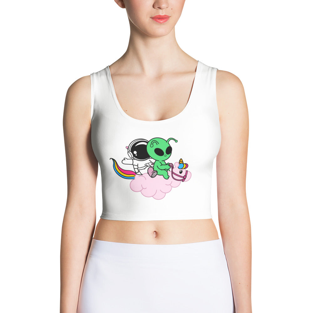 Cosmo, Quim & Nova Mascot Fitted Crop Tank Top, white colorway, front view | MOTHERLODE