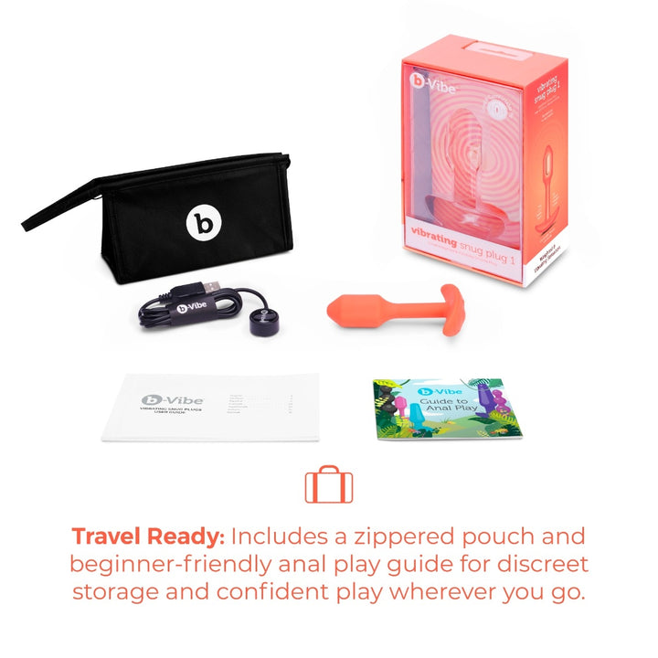 b-Vibe Snug Plug 1 shown with its USB charging cable and travel bag