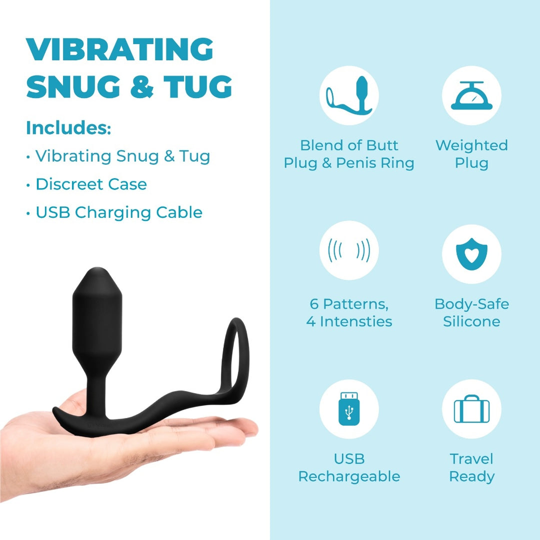 b-Vibe Snug &amp; Tug shown from a front angle highlighting the ring and curved plug