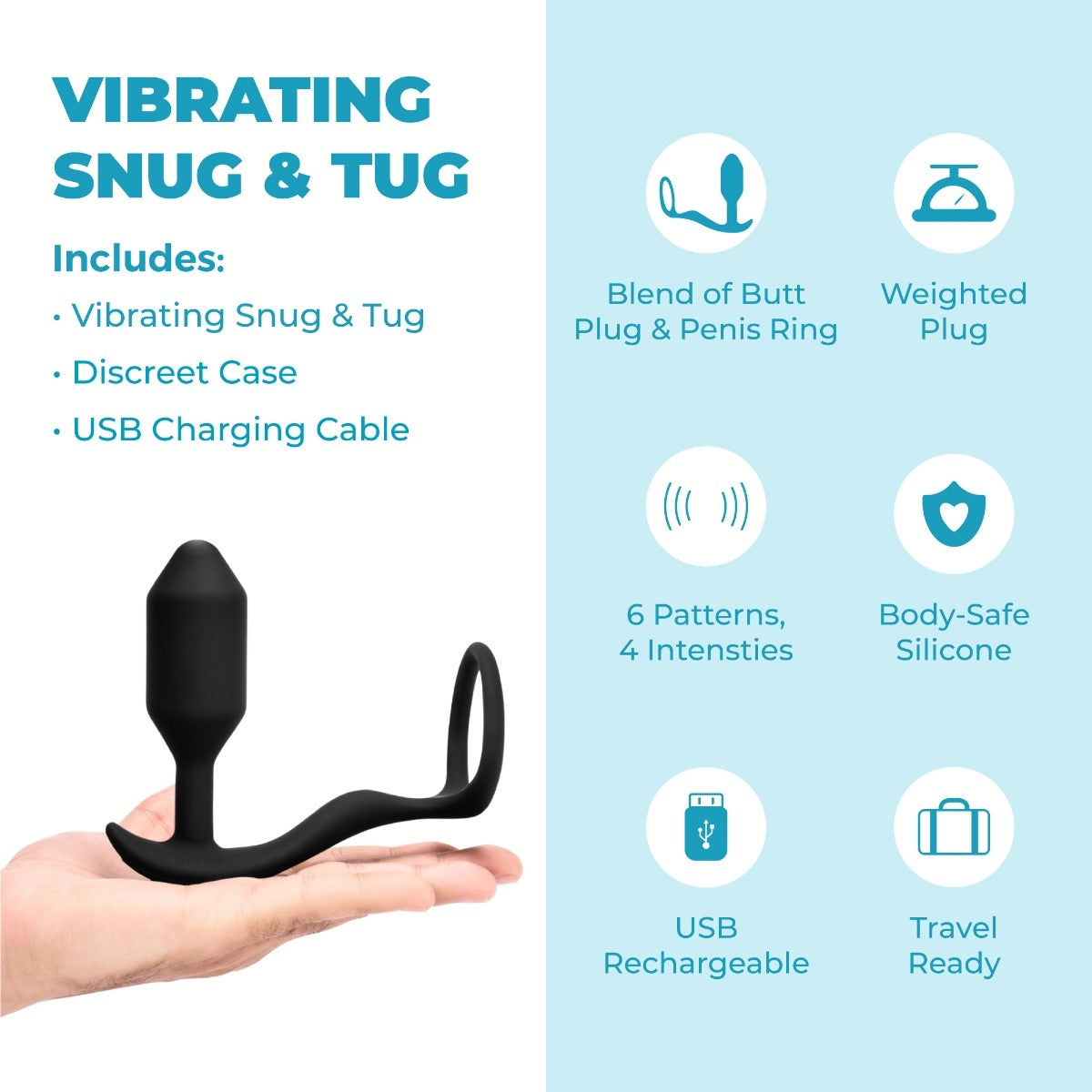b-Vibe Snug & Tug shown from a front angle highlighting the ring and curved plug