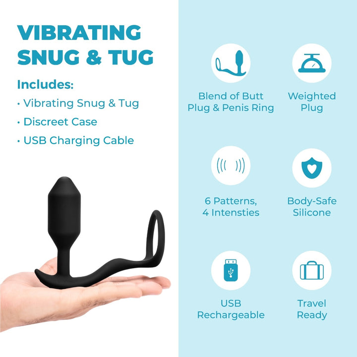 b-Vibe Snug &amp; Tug shown from a front angle highlighting the ring and curved plug