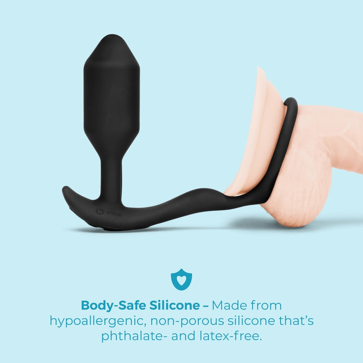 b-Vibe Snug &amp; Tug shown with its USB charging cable and carrying pouch