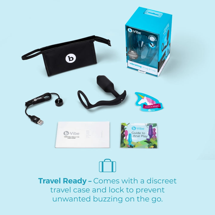 b-Vibe Snug &amp; Tug included accessories laid out, including charging cable, guide booklet, and tag