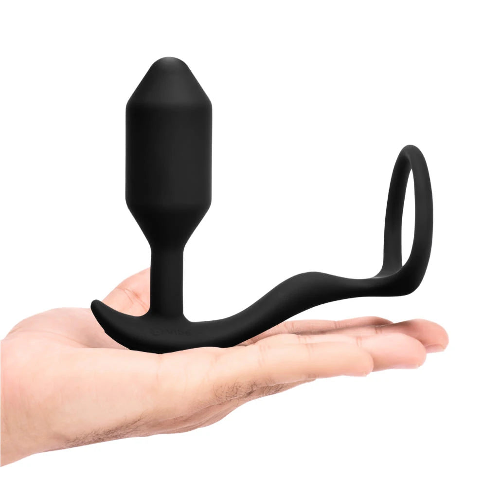 b-Vibe Vibrating Snug & Tug penis ring and weighted butt plug, product shot on white background