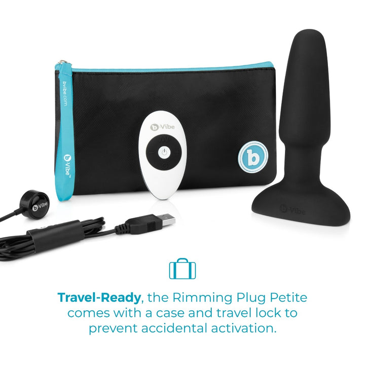 b-Vibe Rimming 2 in Black shown with its travel case and lock