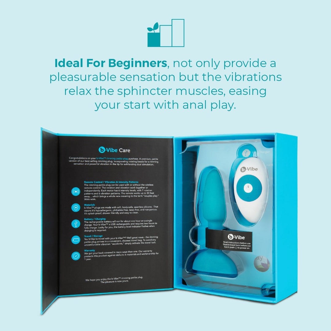 b-Vibe Rimming Petite in Teal shown with its travel case and lock
